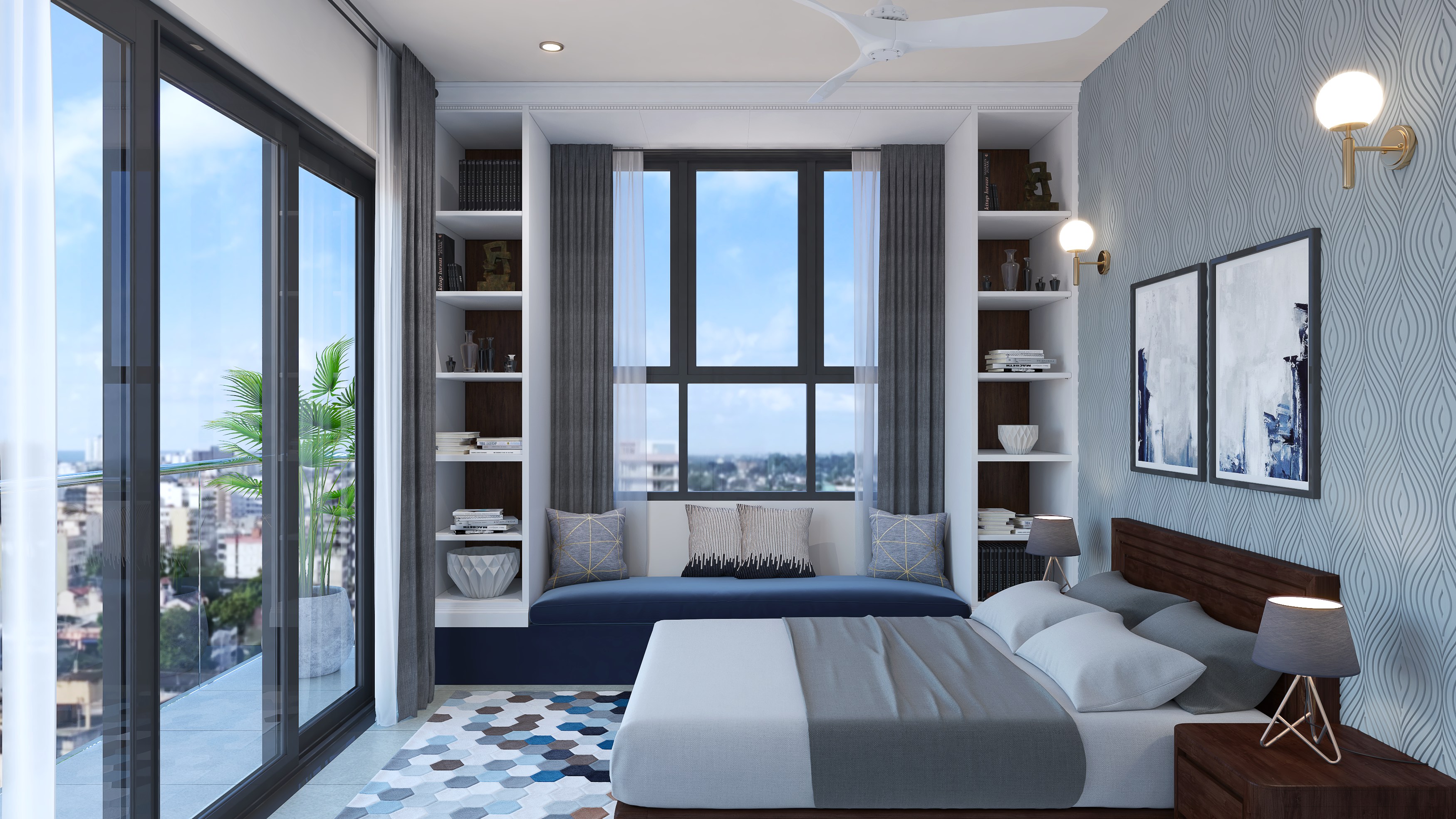 Bedroom with bookshelf